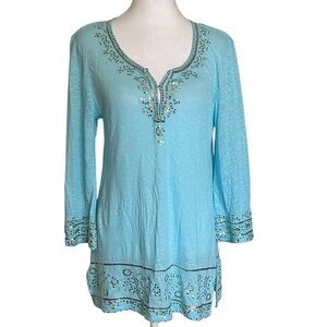 Saks Fifth Avenue Women’s 100% Linen Split Neck Embroidery Tunic Top Resort Sz L